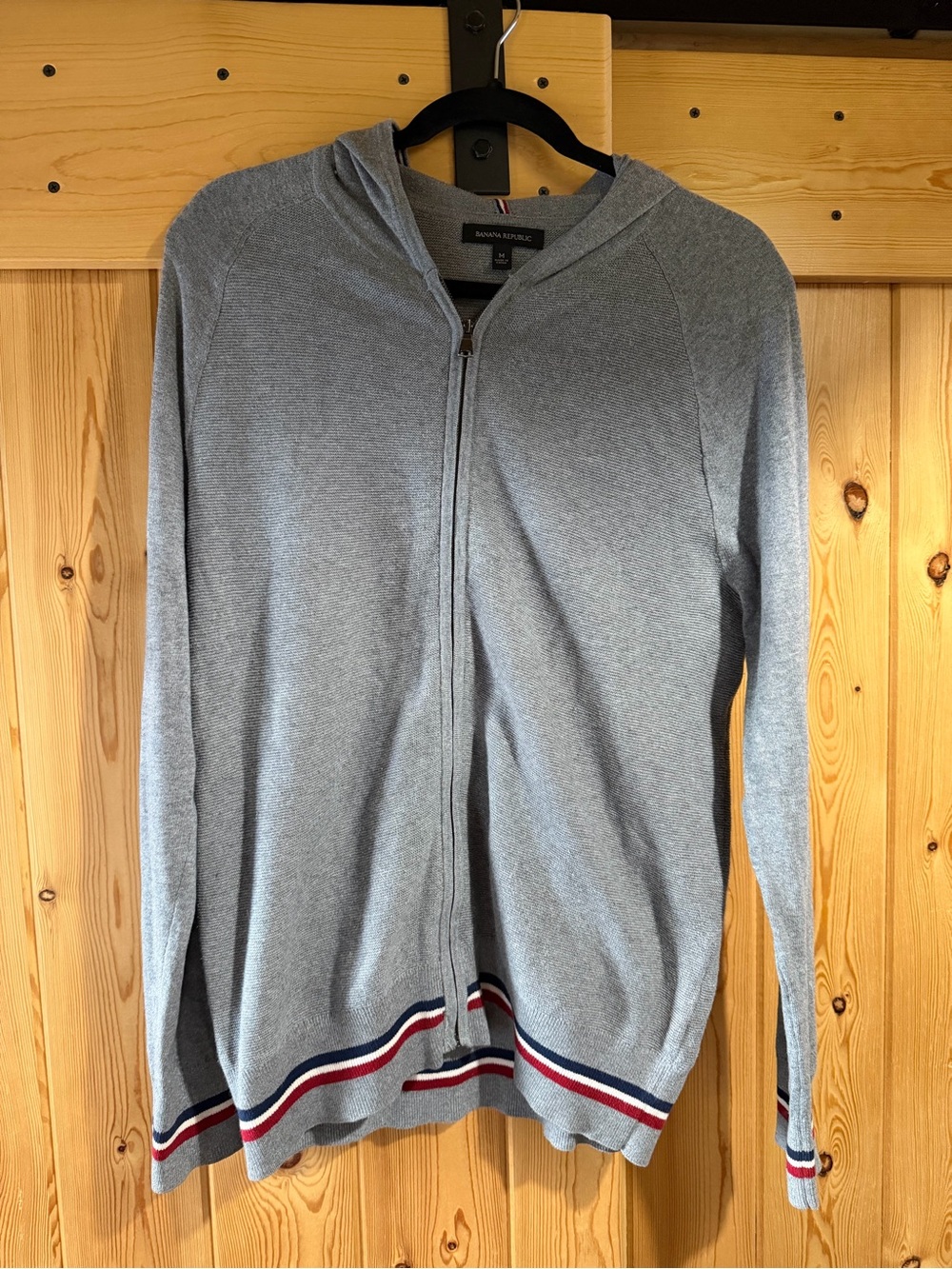 Banana Republic Men's Light Gray Zip-Up Hooded Sweater with Red & Navy Trim